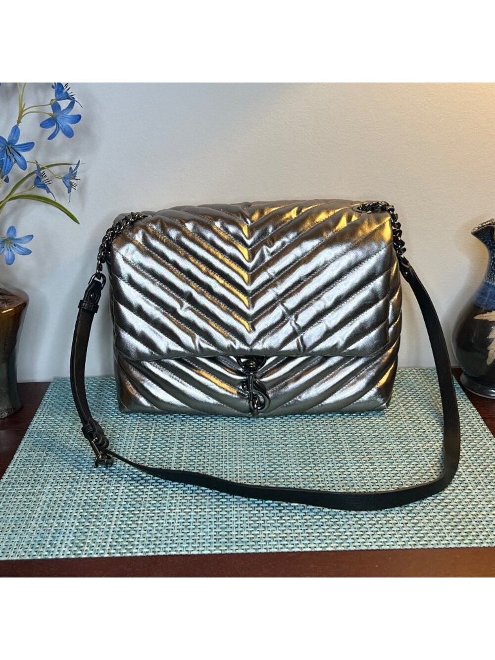 NWT Rebecca Minkoff Edie Nylon Jumbo Flap Shoulder Bag Metallic Gunmetal Silver